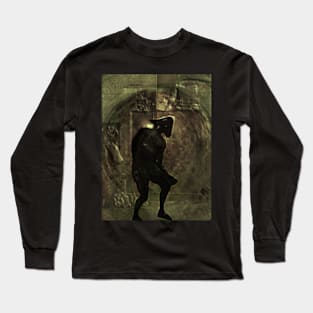 Portrait, digital collage, special processing. Bizarre. Dark man figure, like pirate. Death itself. Weird room, yellow, emboss. Long Sleeve T-Shirt